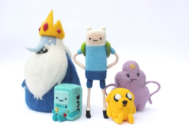 Adventure Time needle felts Finn the human, Jake the dog, LSP, Ice King, BMO